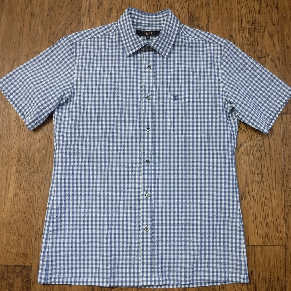 DAKS Blue&White Check Button Up Short Sleeve Collared Seersucker Shirt